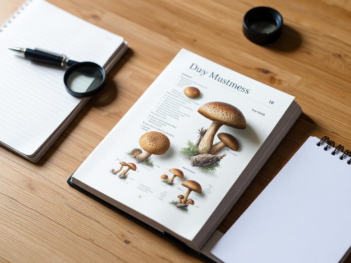 An open mushroom identification guide beside a notebook and hand lens