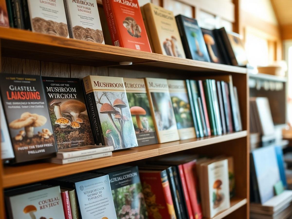 Shelves of mushroom field guides in the club lending library