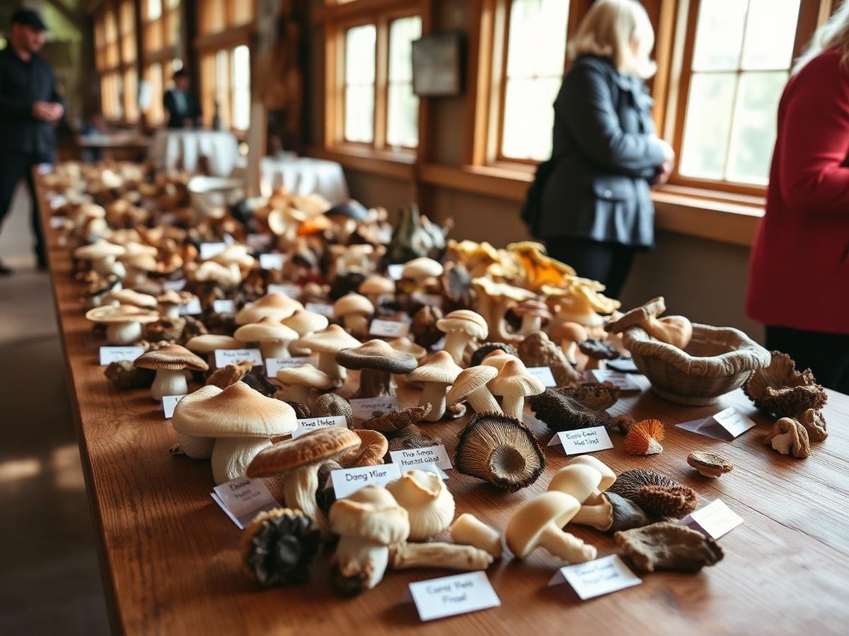 A table of labeled wild mushroom specimens laid out for identification